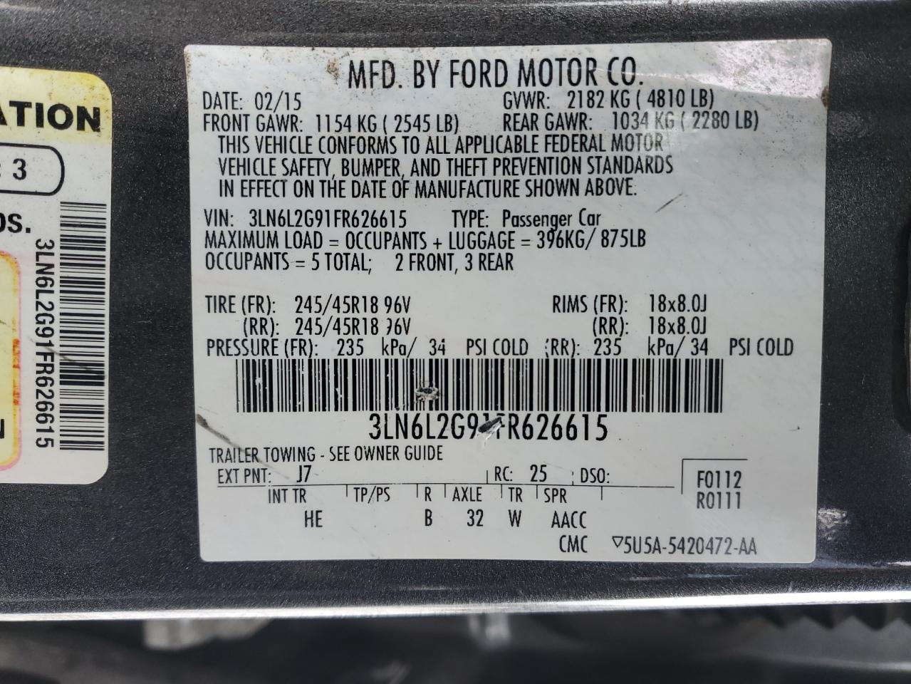 2015 Lincoln MKZ VIN 3LN6L2G91FR626615 Copart auction photo, front end / minor dent/scratches damage thumbnail 12