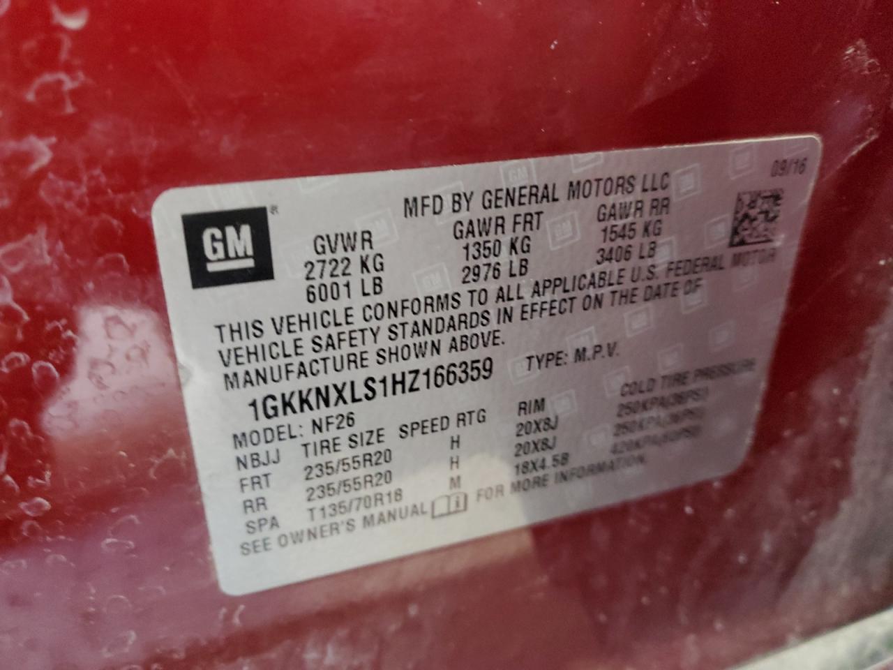 2017 GMC Acadia VIN 1GKKNXLS1HZ166359 Copart auction photo, front end damage thumbnail 13