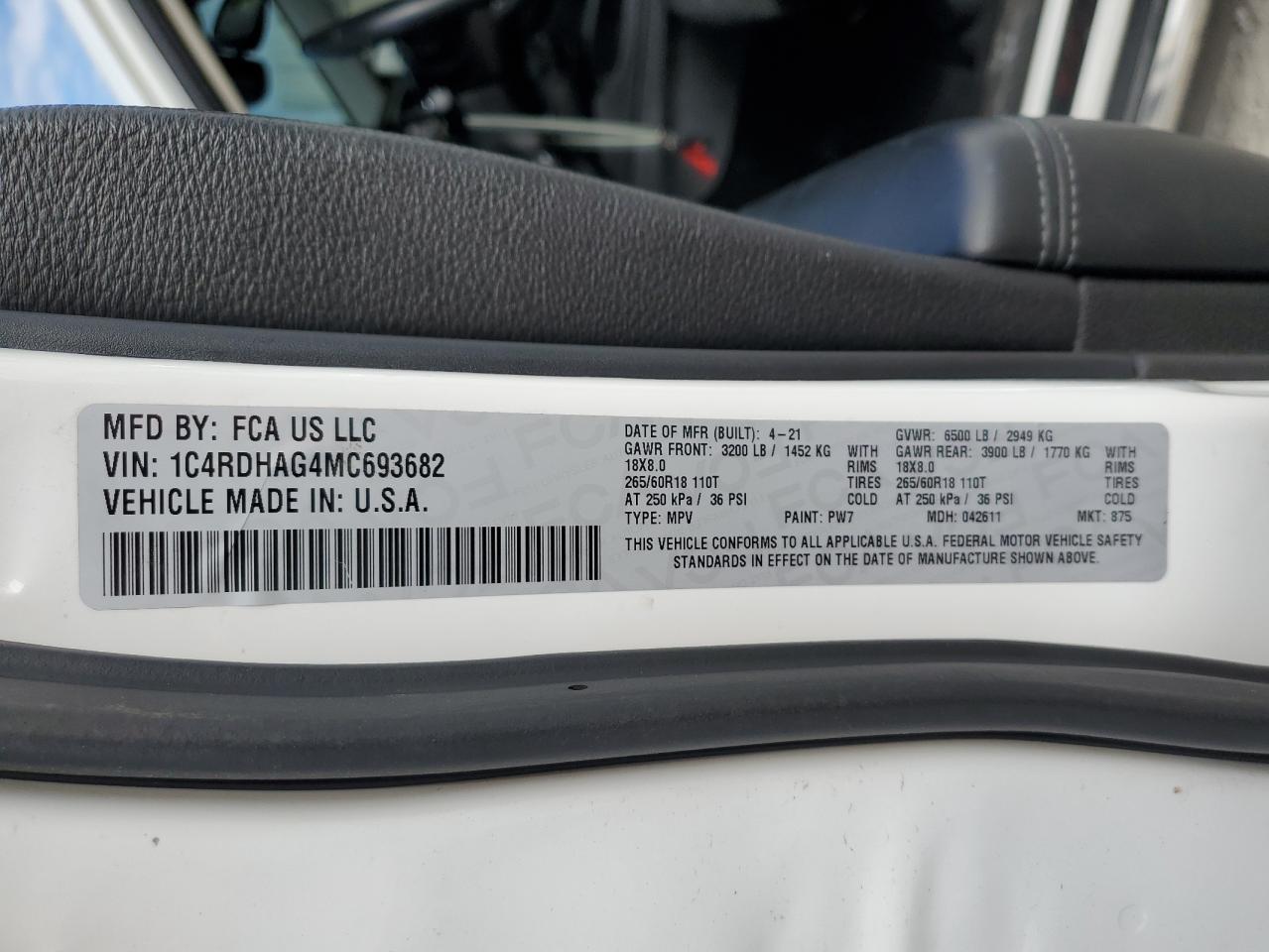 2021 Dodge Durango VIN 1C4RDHAG4MC693682 Copart auction photo, front end damage thumbnail 14