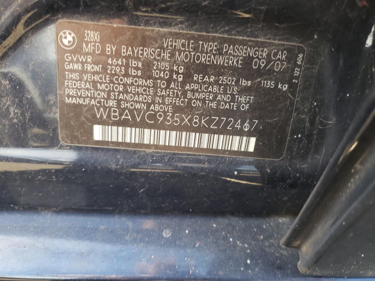 2008 BMW 3er VIN WBAVC935X8KZ72467 Copart auction photo, minor dent/scratches damage thumbnail 12