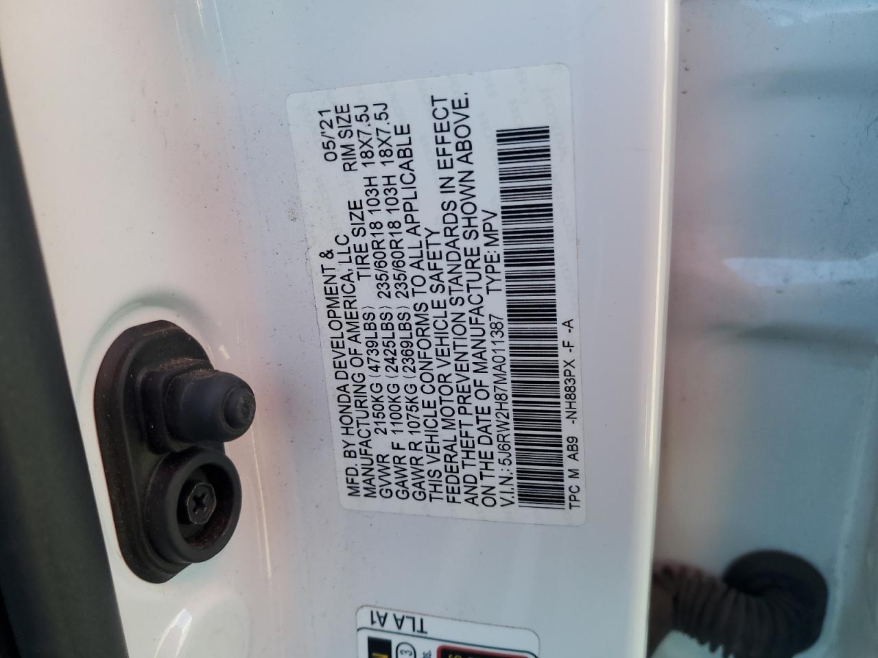 2021 Honda CR-V VIN 5J6RW2H87MA011387 Copart auction photo, front end damage thumbnail 12