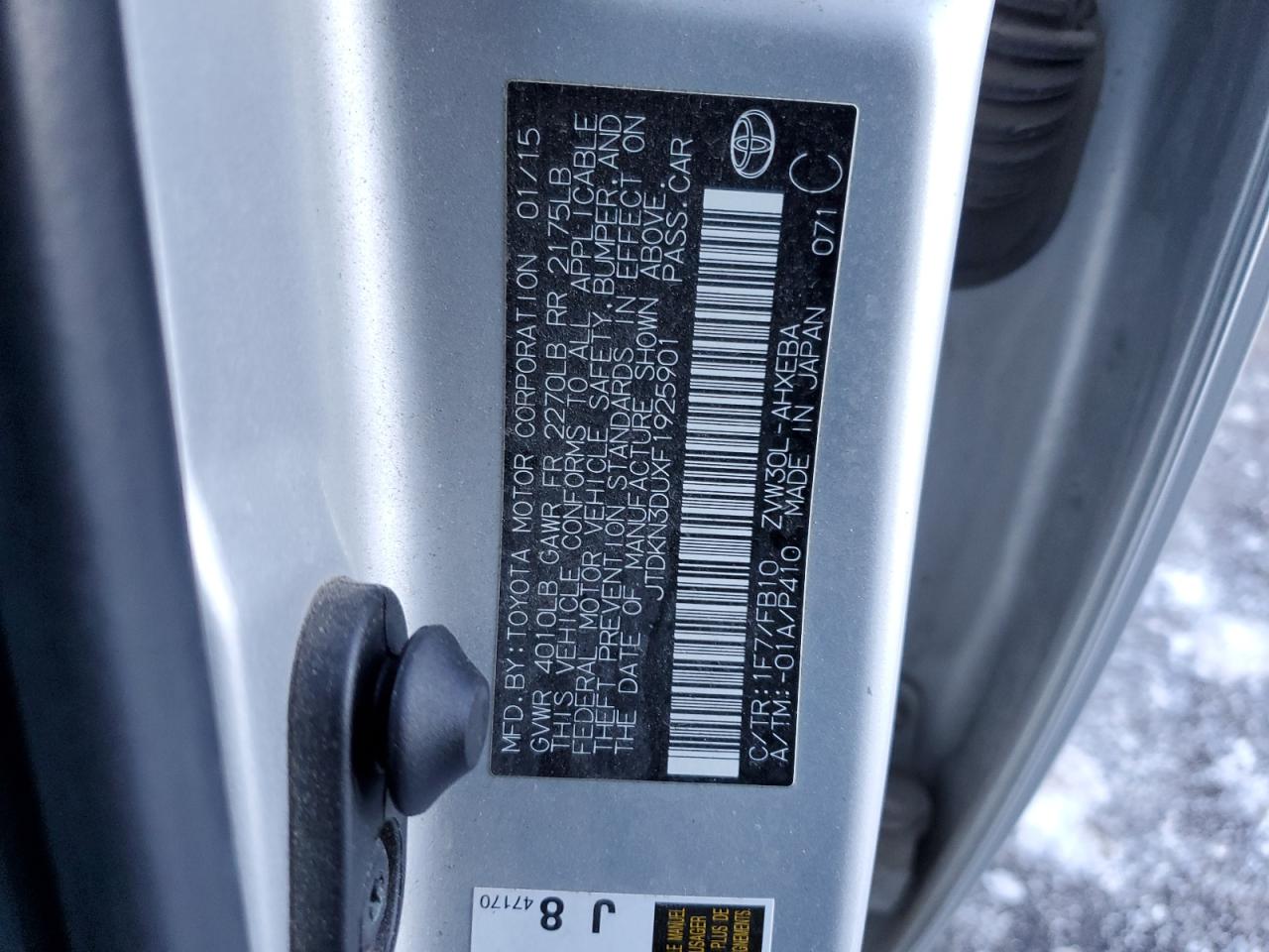 2015 Toyota Prius VIN JTDKN3DUXF1925901 Copart auction photo, front end / minor dent/scratches damage thumbnail 14