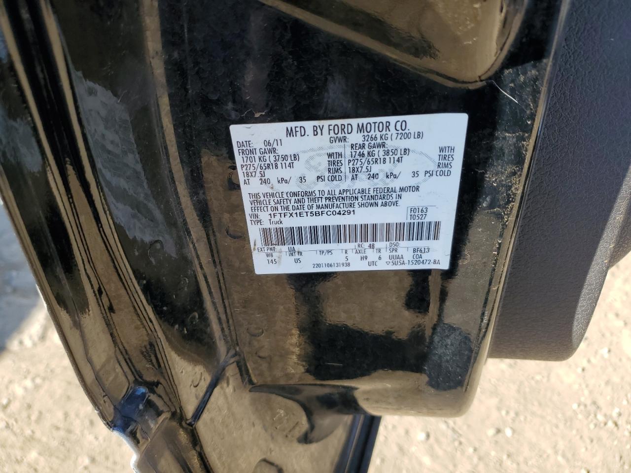 2011 Ford F-150 VIN 1FTFX1ET5BFC04291 Copart auction photo, front end damage thumbnail 14