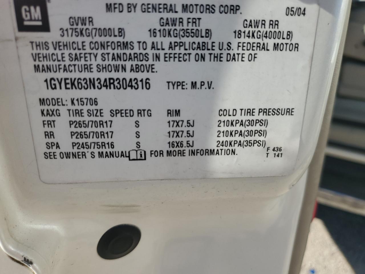 2004 Cadillac Escalade VIN 1GYEK63N34R304316 Copart auction photo, front end damage thumbnail 15