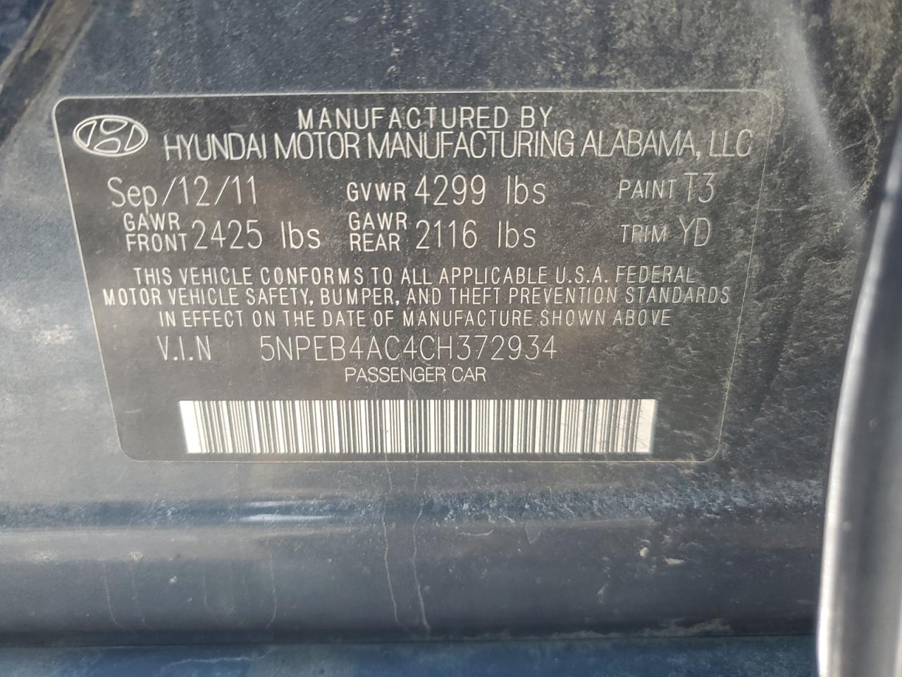 2012 Hyundai Sonata VIN 5NPEB4AC4CH372934 Copart auction photo, vandalism damage thumbnail 12