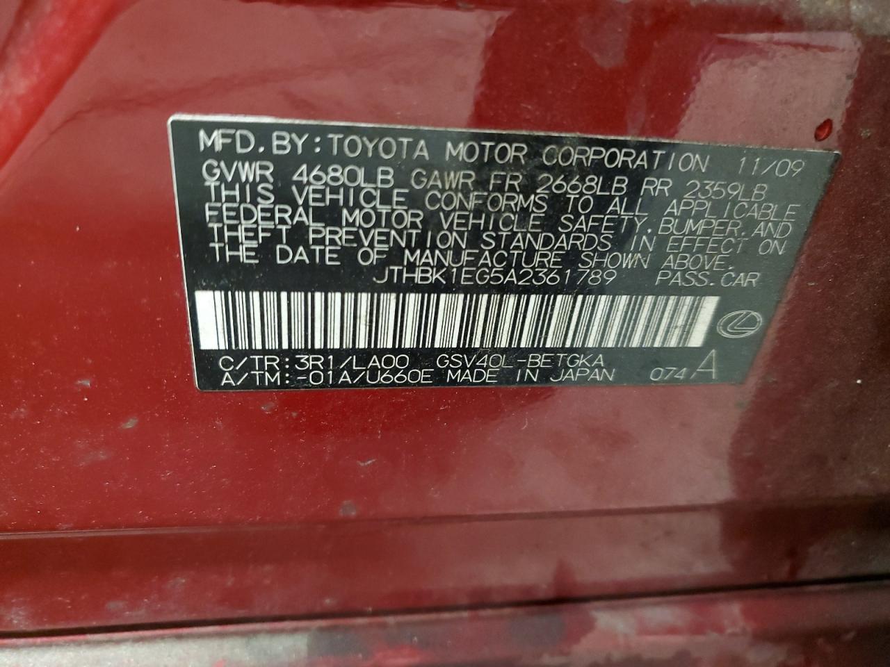 2010 Lexus ES VIN JTHBK1EG5A2361789 Copart auction photo, vandalism damage thumbnail 12