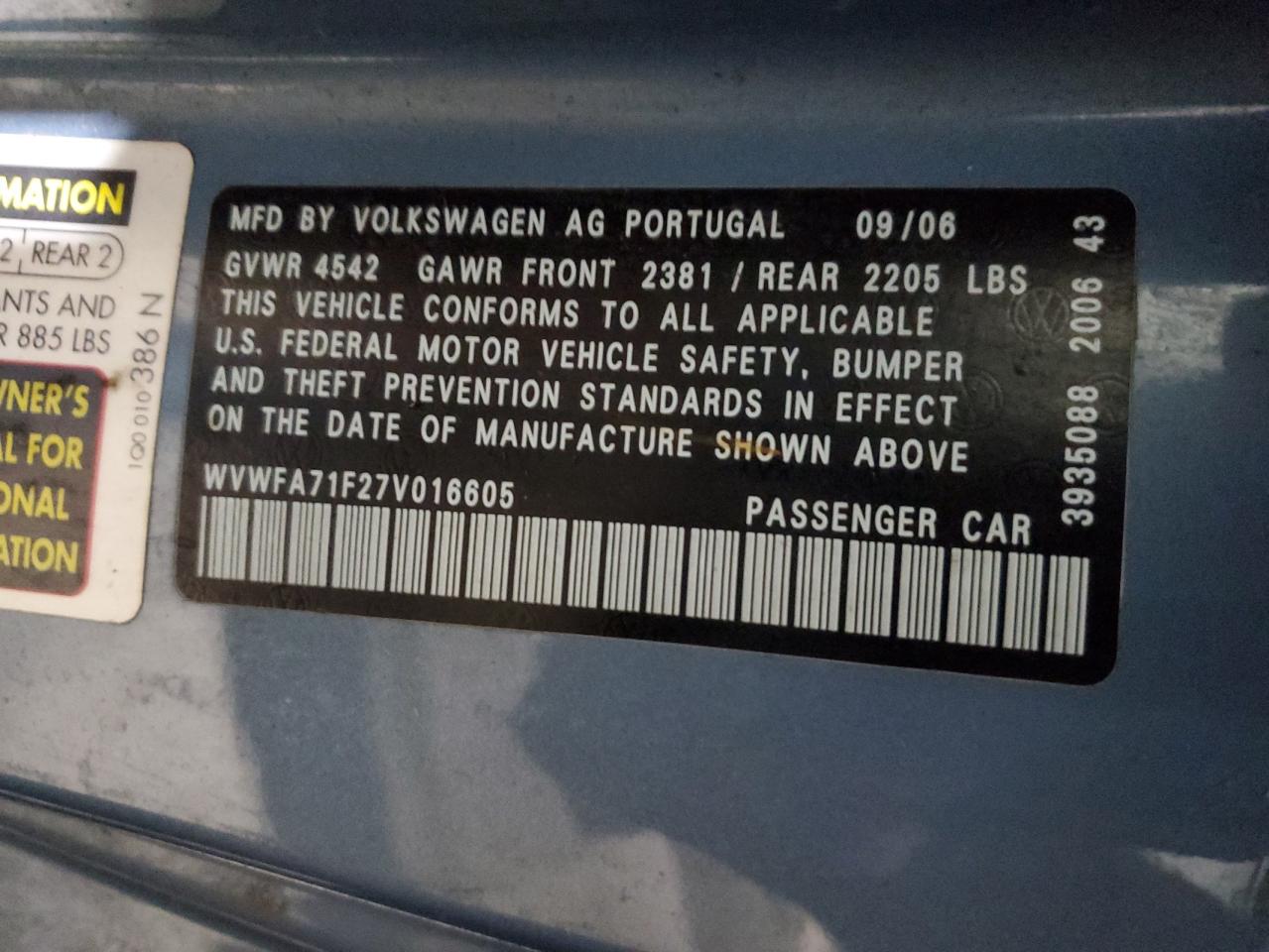 2007 Volkswagen Eos VIN WVWFA71F27V016605 Copart auction photo, front end damage thumbnail 12