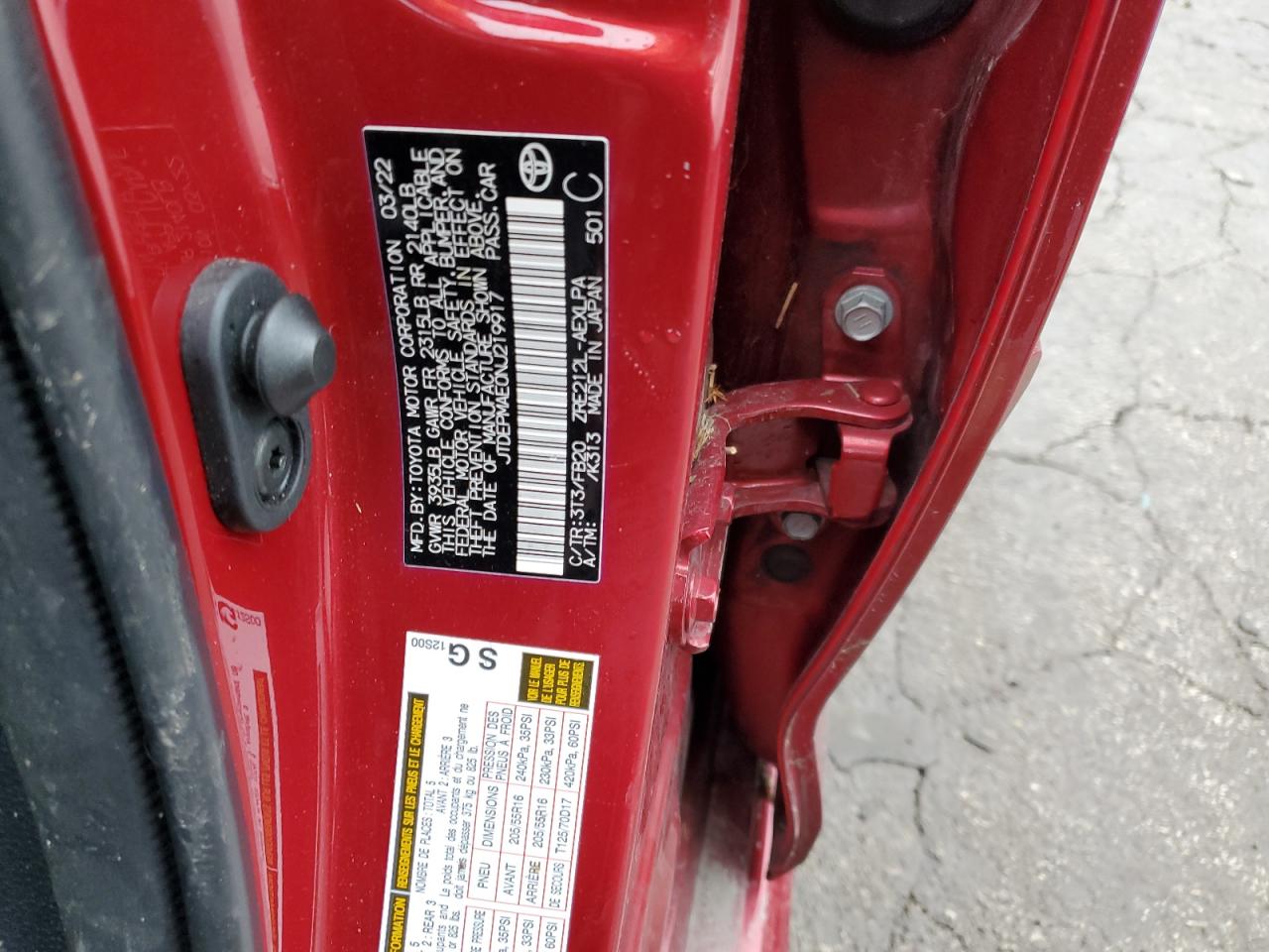 2022 Toyota Corolla VIN JTDEPMAE0NJ219917 Copart auction photo, all over / top/roof damage thumbnail 12