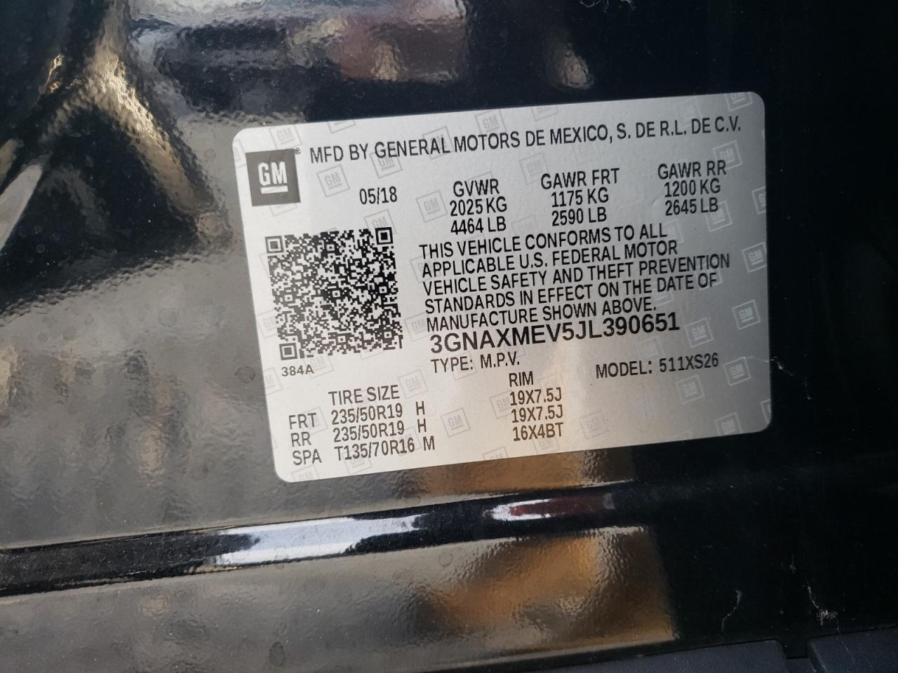 2018 Chevrolet Equinox VIN 3GNAXMEV5JL390651 Copart auction photo, side / rear end damage thumbnail 13