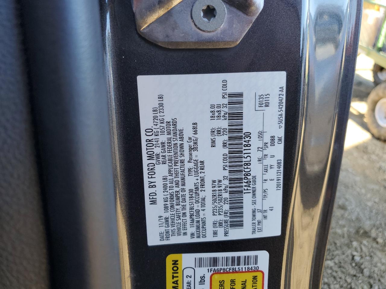 2020 Ford Mustang VIN 1FA6P8CF8L5118430 Copart auction photo, side damage thumbnail 12