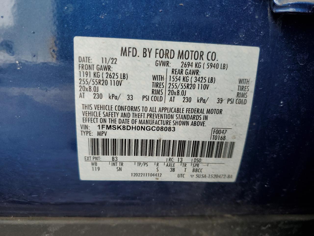 2022 Ford Explorer VIN 1FMSK8DH0NGC08083 Copart auction photo, front end / minor dent/scratches damage thumbnail 15