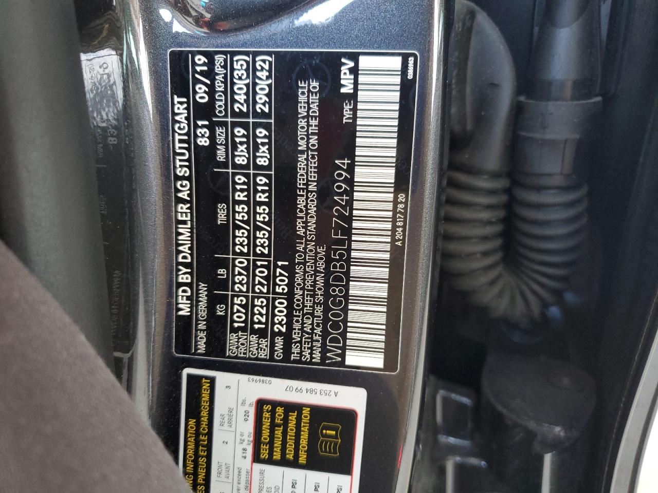 2020 Mercedes-Benz GLC VIN WDC0G8DB5LF724994 Copart auction photo, front end damage thumbnail 13