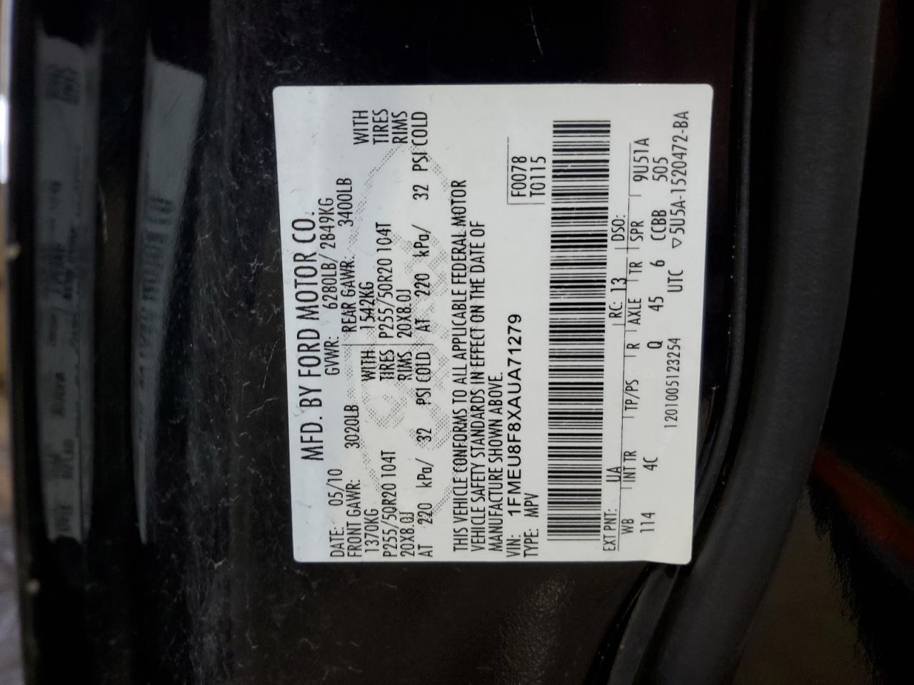 2010 Ford Explorer VIN 1FMEU8F8XAUA71279 Copart auction photo, front end / side damage thumbnail 15