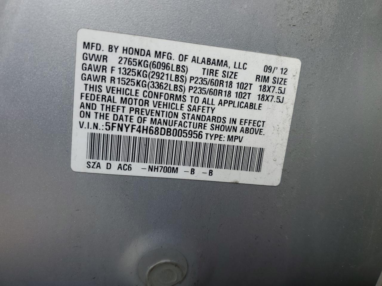 2013 Honda Pilot VIN 5FNYF4H68DB005956 Copart auction photo, rear end damage thumbnail 13