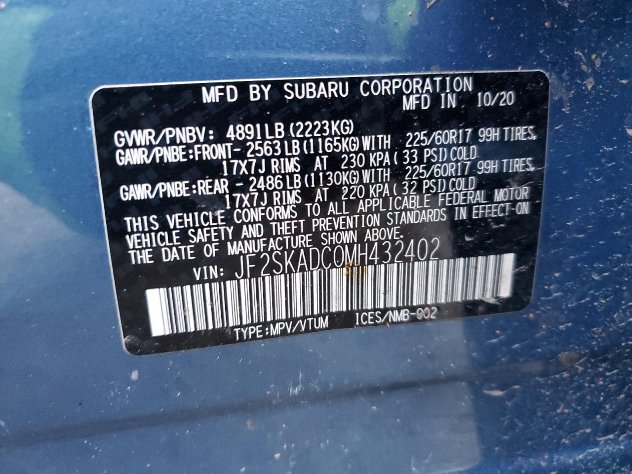 2021 Subaru Forester VIN JF2SKADC0MH432402 Copart auction photo, all over damage thumbnail 13
