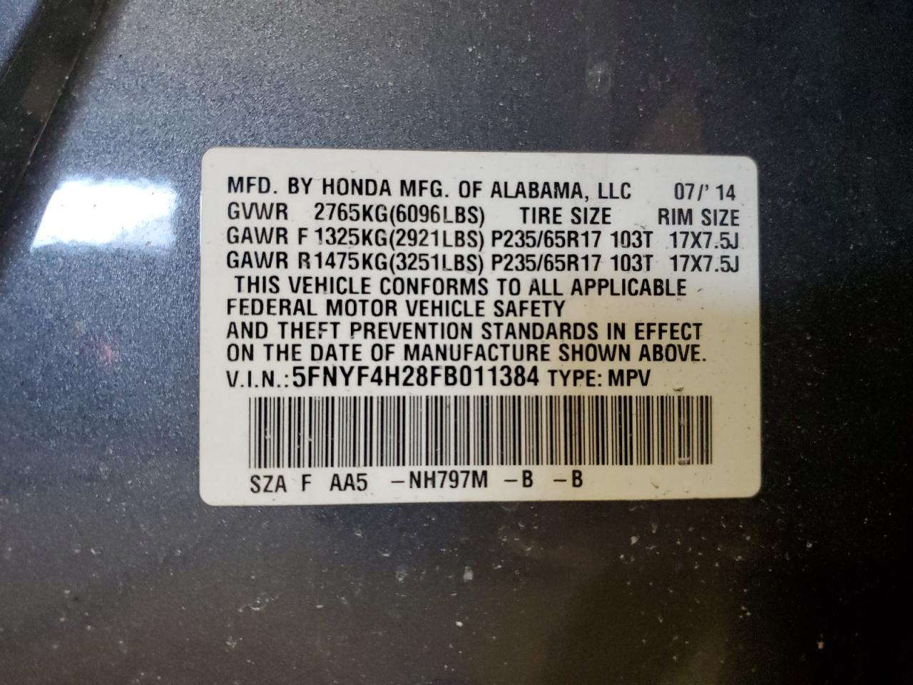 2015 Honda Pilot VIN 5FNYF4H28FB011384 Copart auction photo, front end / side damage thumbnail 13