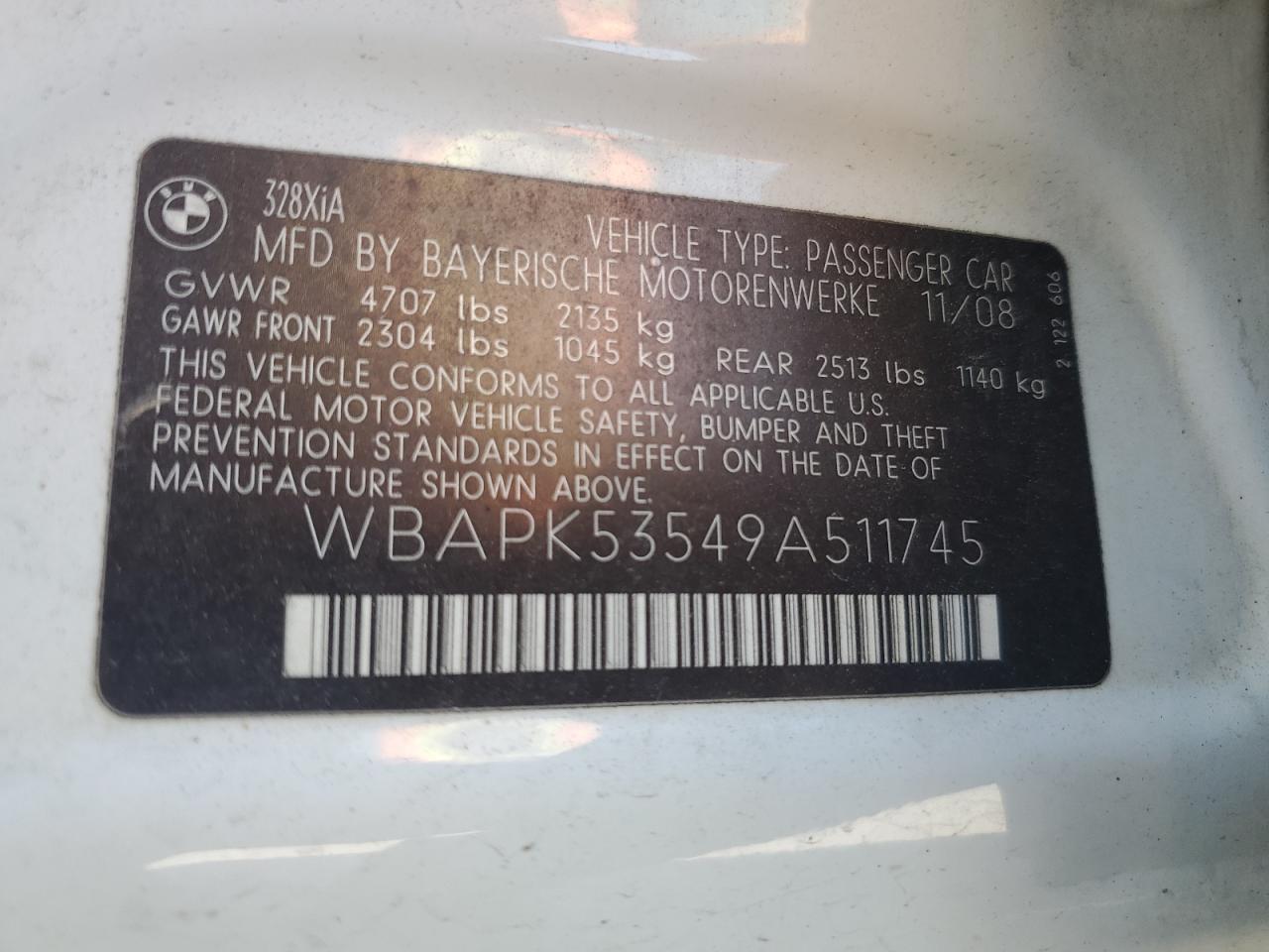 2009 BMW 3er VIN WBAPK53549A511745 Copart auction photo, front end damage thumbnail 12