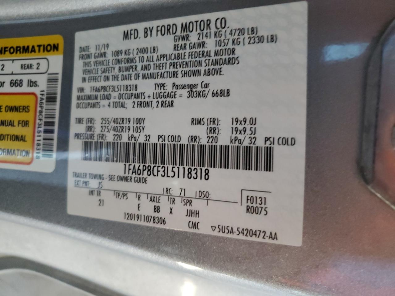 2020 Ford Mustang VIN 1FA6P8CF3L5118318 Copart auction photo, front end / side damage thumbnail 12