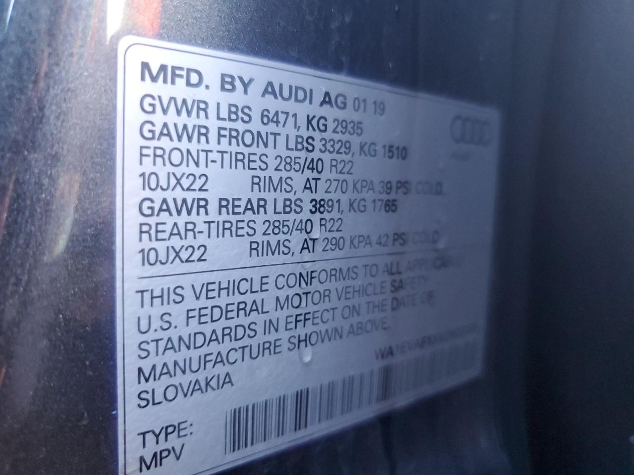 2019 Audi Q8 VIN WA1EVAF1XKD023157 Copart auction photo, front end / side damage thumbnail 13