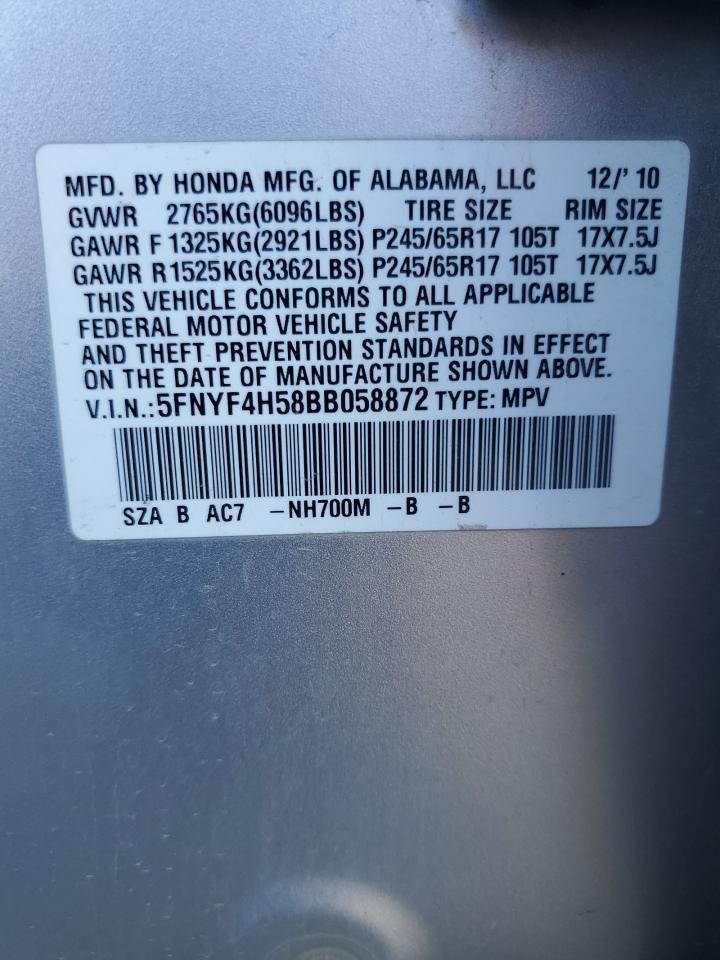 2011 Honda Pilot VIN 5FNYF4H58BB058872 Copart auction photo, front end / rear end damage thumbnail 15