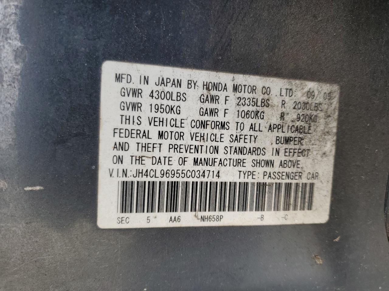 2005 Acura TSX VIN JH4CL96955C034714 Copart auction photo, front end / side damage thumbnail 14