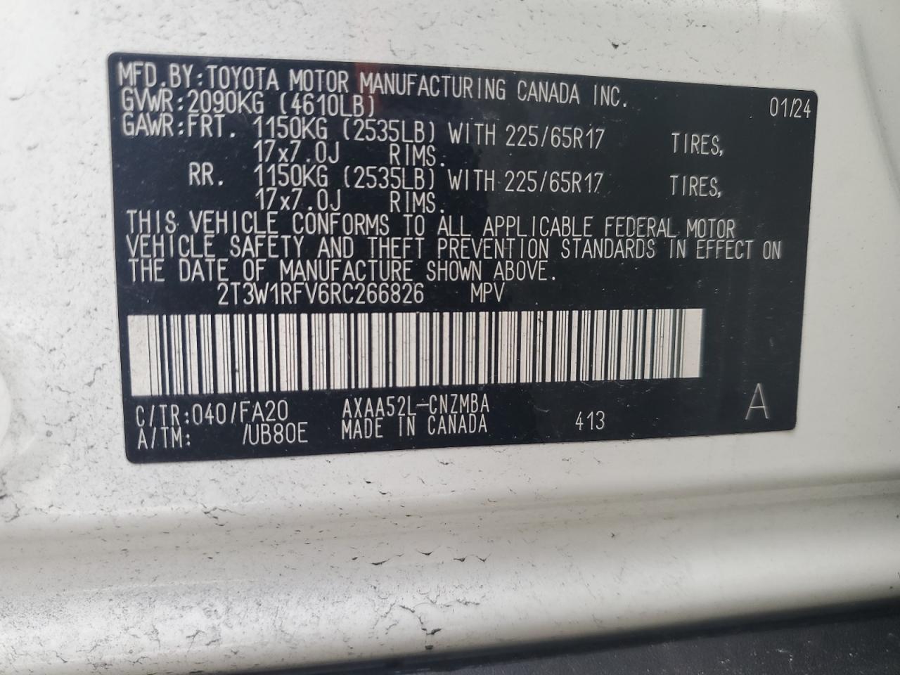 2024 Toyota RAV 4 VIN 2T3W1RFV6RC266826 Copart auction photo, rear end / minor dent/scratches damage thumbnail 13
