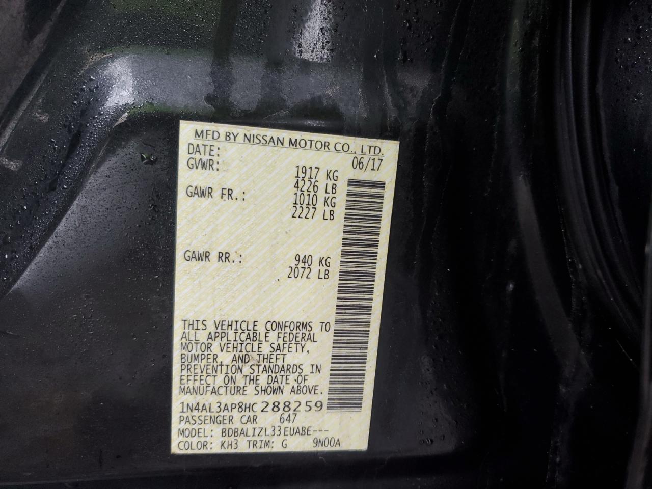 2017 Nissan Altima VIN 1N4AL3AP8HC288259 Copart auction photo, rear end / undercarriage damage thumbnail 12