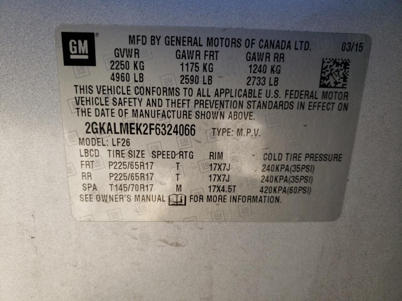 2015 GMC Terrain VIN 2GKALMEK2F6324066 Copart auction photo, front end / side damage thumbnail 13