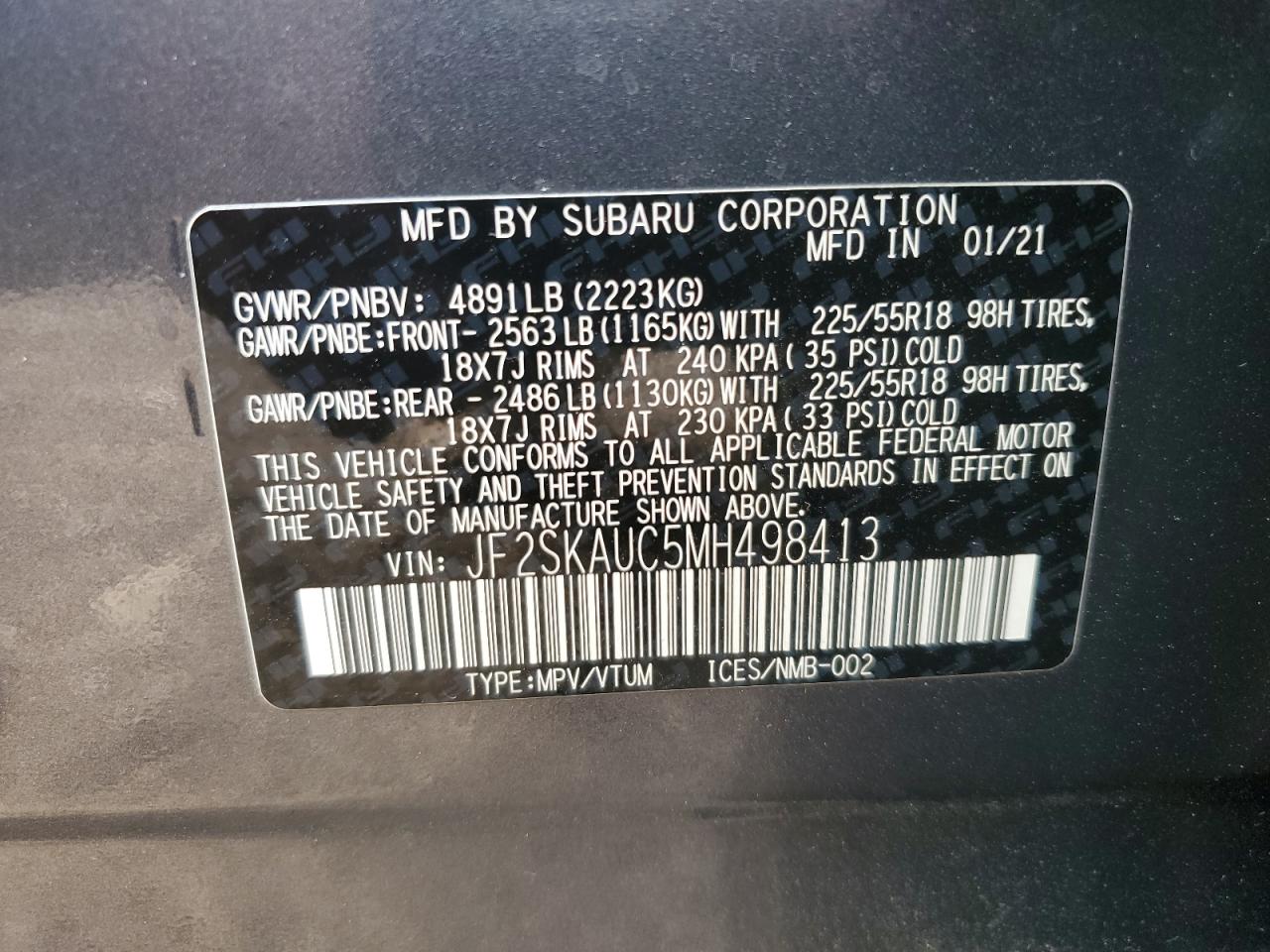 2021 Subaru Forester VIN JF2SKAUC5MH498413 Copart auction photo, front end / side damage thumbnail 12