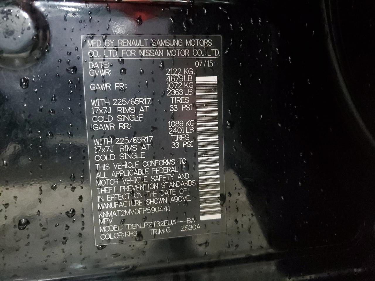 2015 Nissan Rogue VIN KNMAT2MV0FP590441 Copart auction photo, side damage thumbnail 14