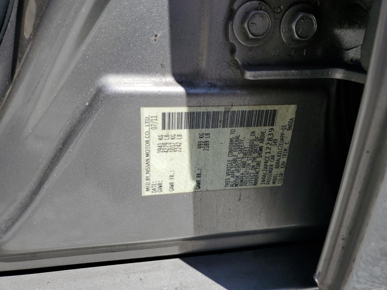 2012 Nissan Altima VIN 1N4AL2AP4CC122839 Copart auction photo, rear end damage thumbnail 13