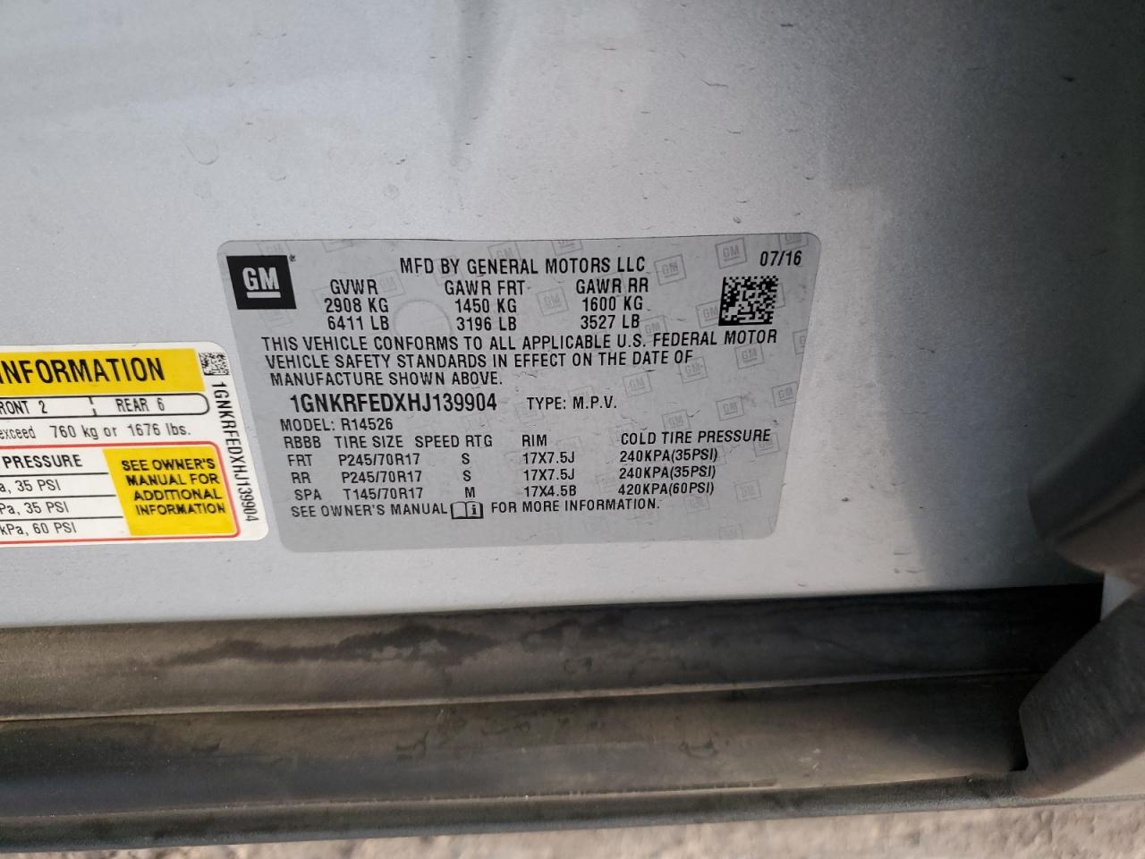 2017 Chevrolet Traverse VIN 1GNKRFEDXHJ139904 Copart auction photo, front end / side damage thumbnail 13