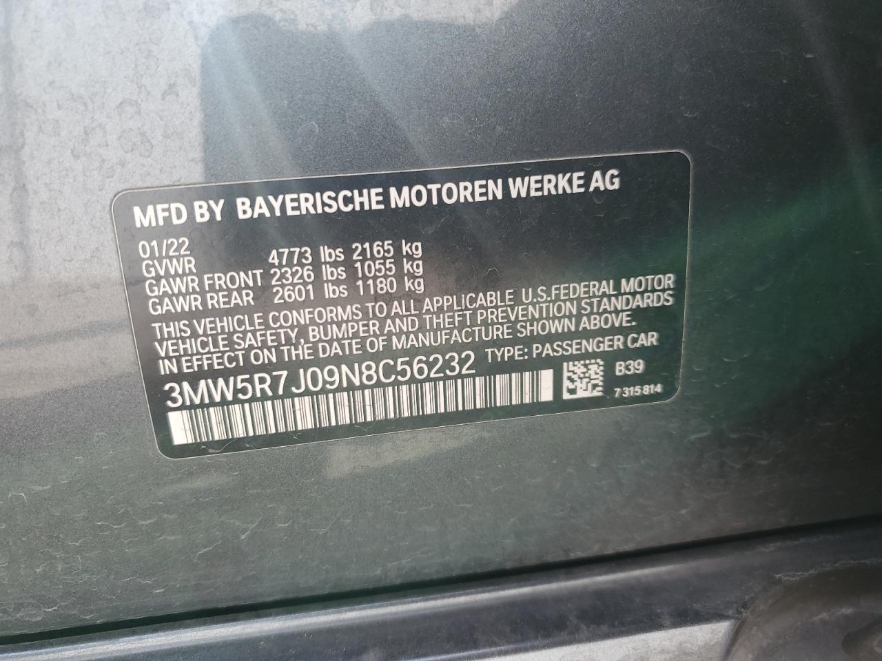 2022 BMW 3er VIN 3MW5R7J09N8C56232 Copart auction photo, front end damage thumbnail 12