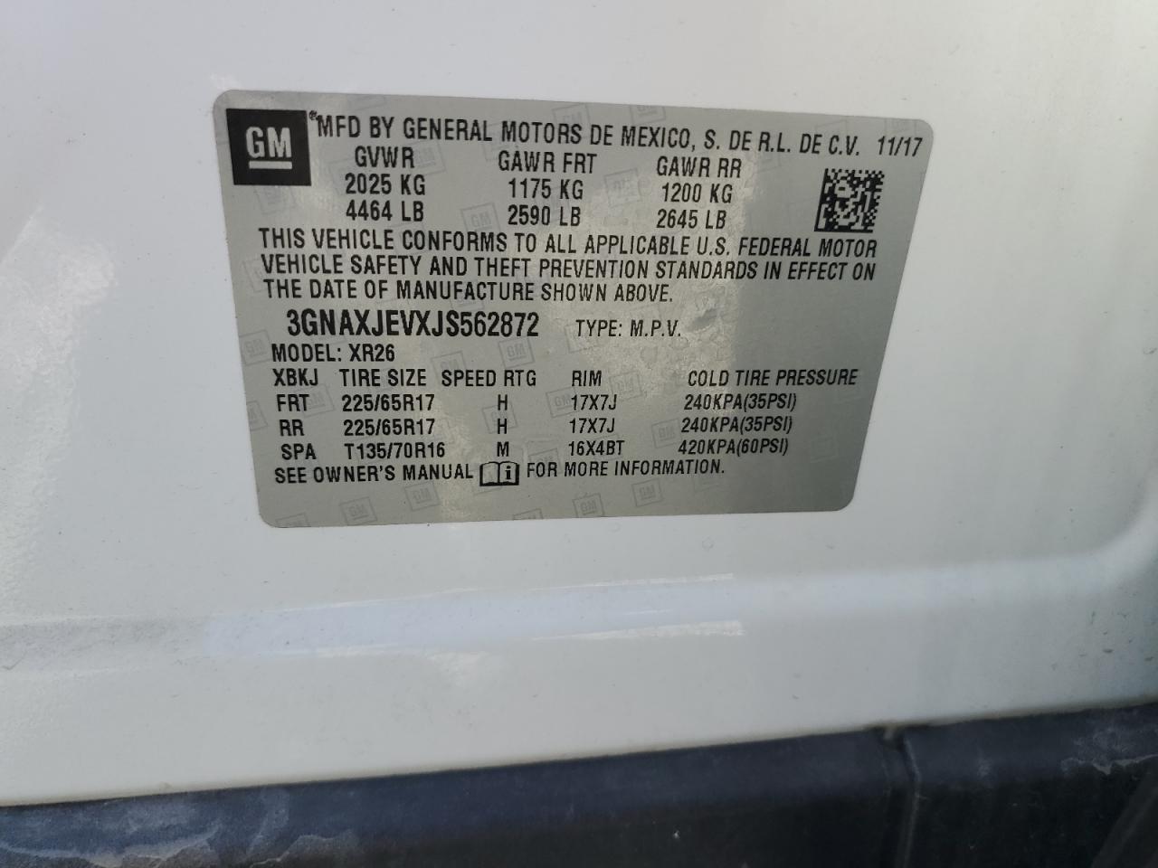 2018 Chevrolet Equinox VIN 3GNAXJEVXJS562872 Copart auction photo, rear end damage thumbnail 13