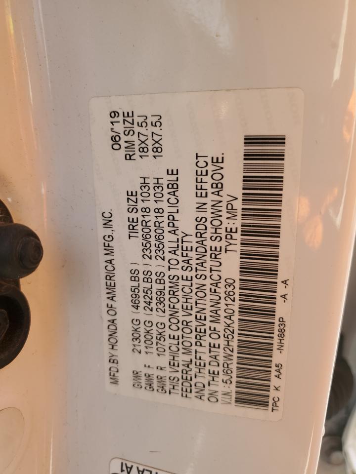 2019 Honda CR-V VIN 5J6RW2H52KA012630 Copart auction photo, side / front end damage thumbnail 14