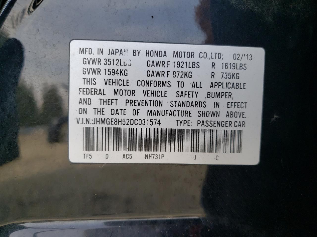 2013 Honda Fit VIN JHMGE8H52DC031574 Copart auction photo, front end damage thumbnail 13
