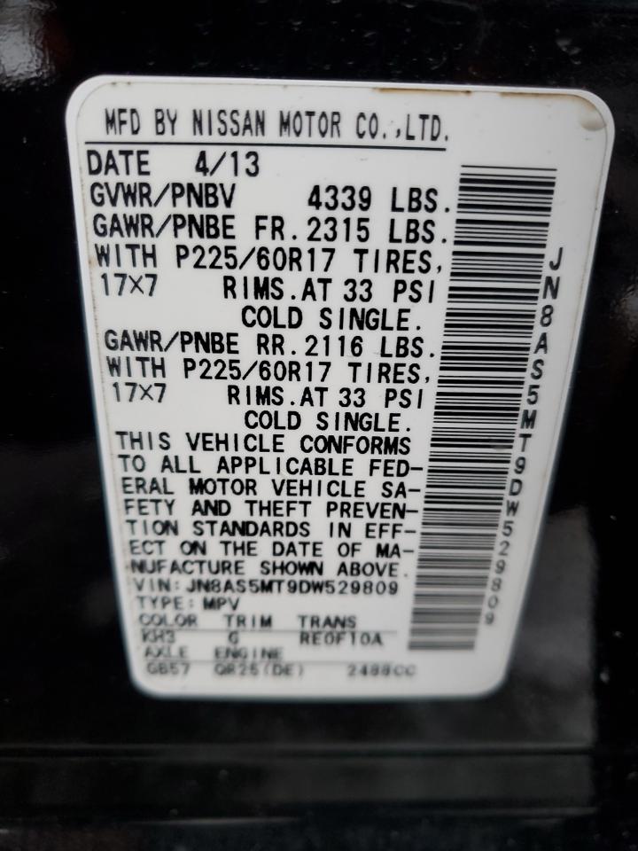 2013 Nissan Rogue VIN JN8AS5MT9DW529809 Copart auction photo, front end / side damage thumbnail 15
