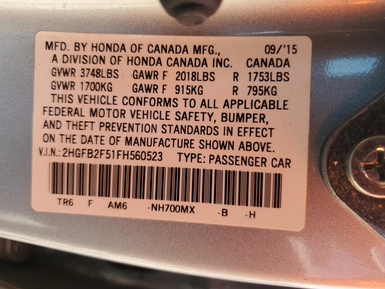 2015 Honda Civic VIN 2HGFB2F51FH560523 Copart auction photo, hail / front end damage thumbnail 13