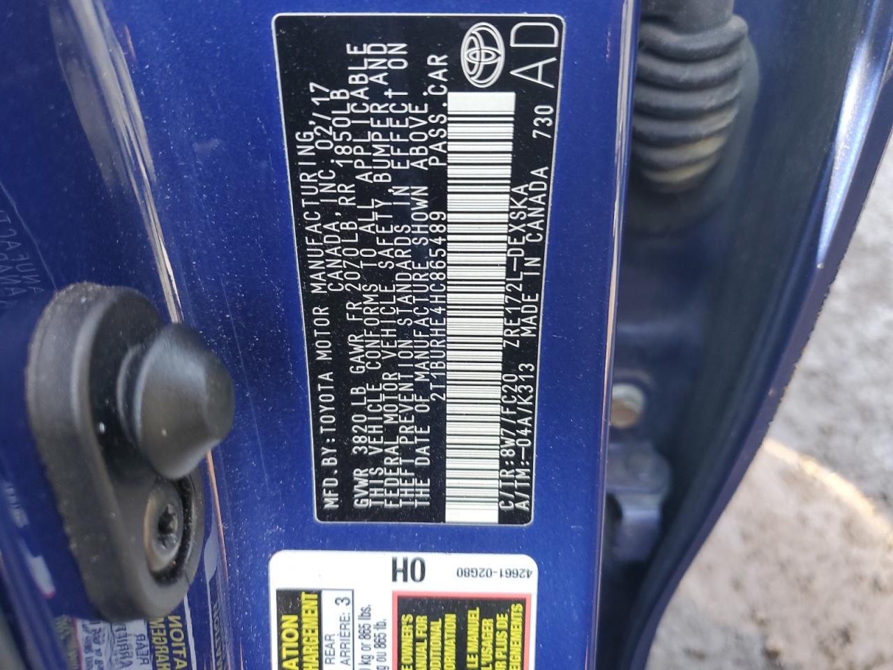 2017 Toyota Corolla VIN 2T1BURHE4HC865489 Copart auction photo, all over damage thumbnail 12