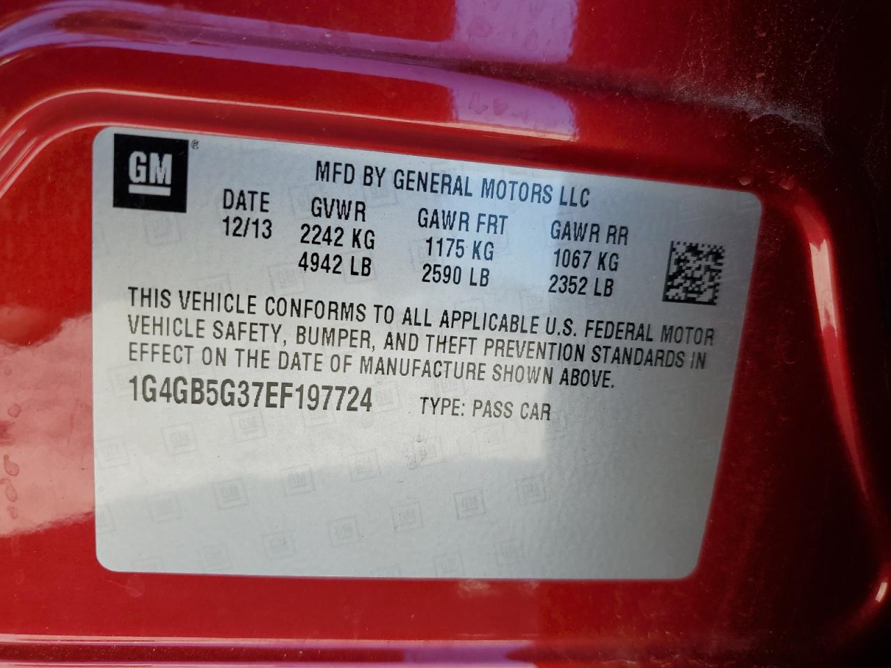 2014 Buick LaCrosse VIN 1G4GB5G37EF197724 Copart auction photo, rear end damage thumbnail 14