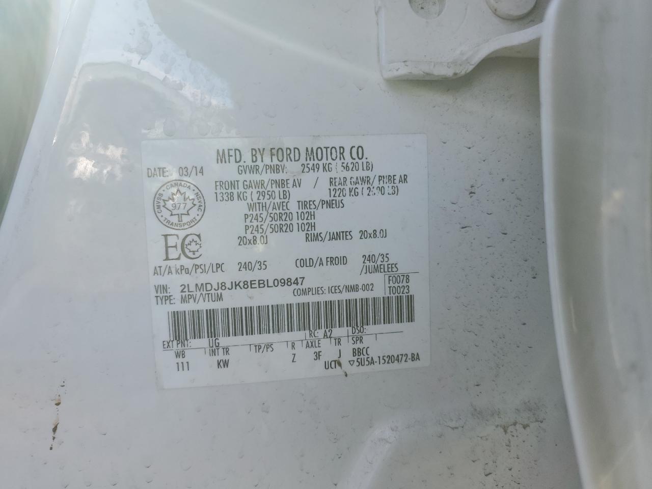 2014 Lincoln MKX VIN 2LMDJ8JK8EBL09847 Copart auction photo, front end damage thumbnail 14