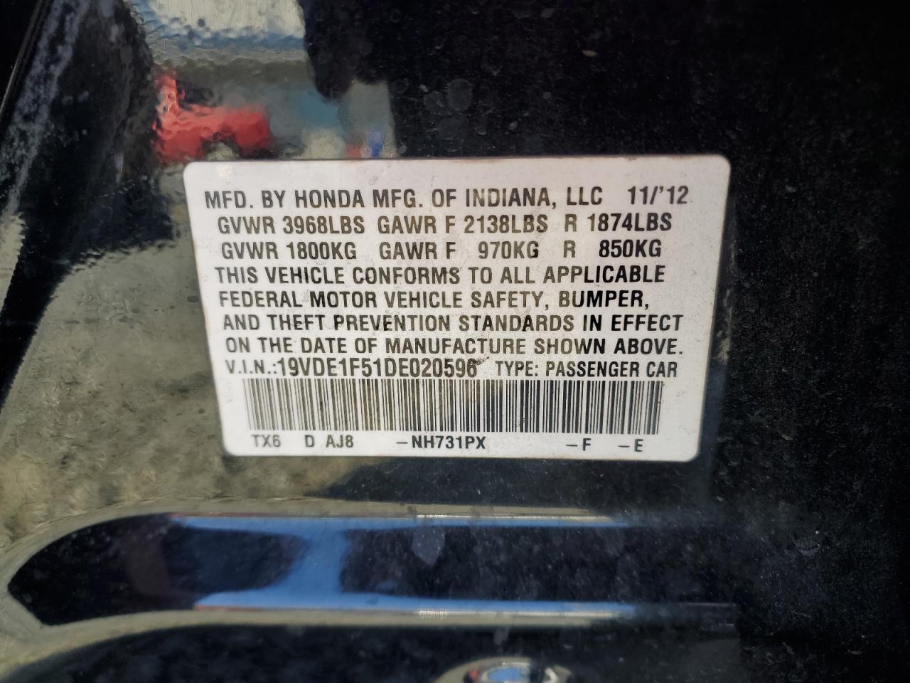 2013 Acura ILX VIN 19VDE1F51DE020596 Copart auction photo, all over damage thumbnail 14