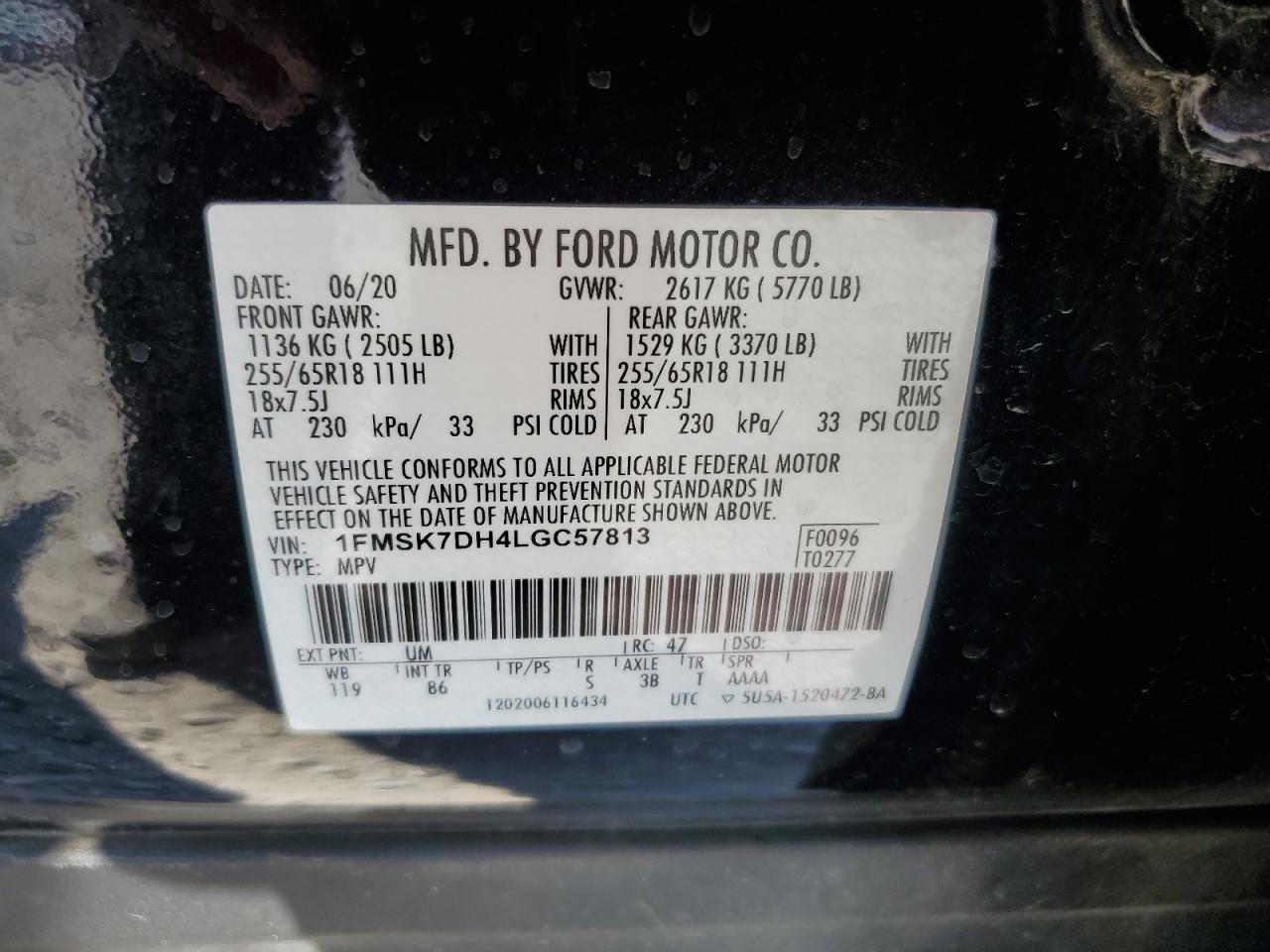2020 Ford Explorer VIN 1FMSK7DH4LGC57813 Copart auction photo, front end / side damage thumbnail 14