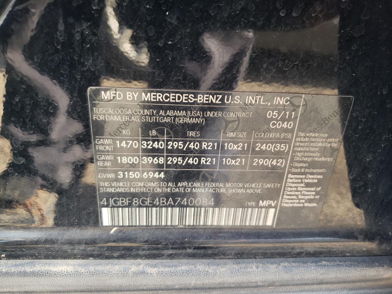 2011 Mercedes-Benz GL-klasse VIN 4JGBF8GE4BA740084 Copart auction photo, water/flood / minor dent/scratches damage thumbnail 14