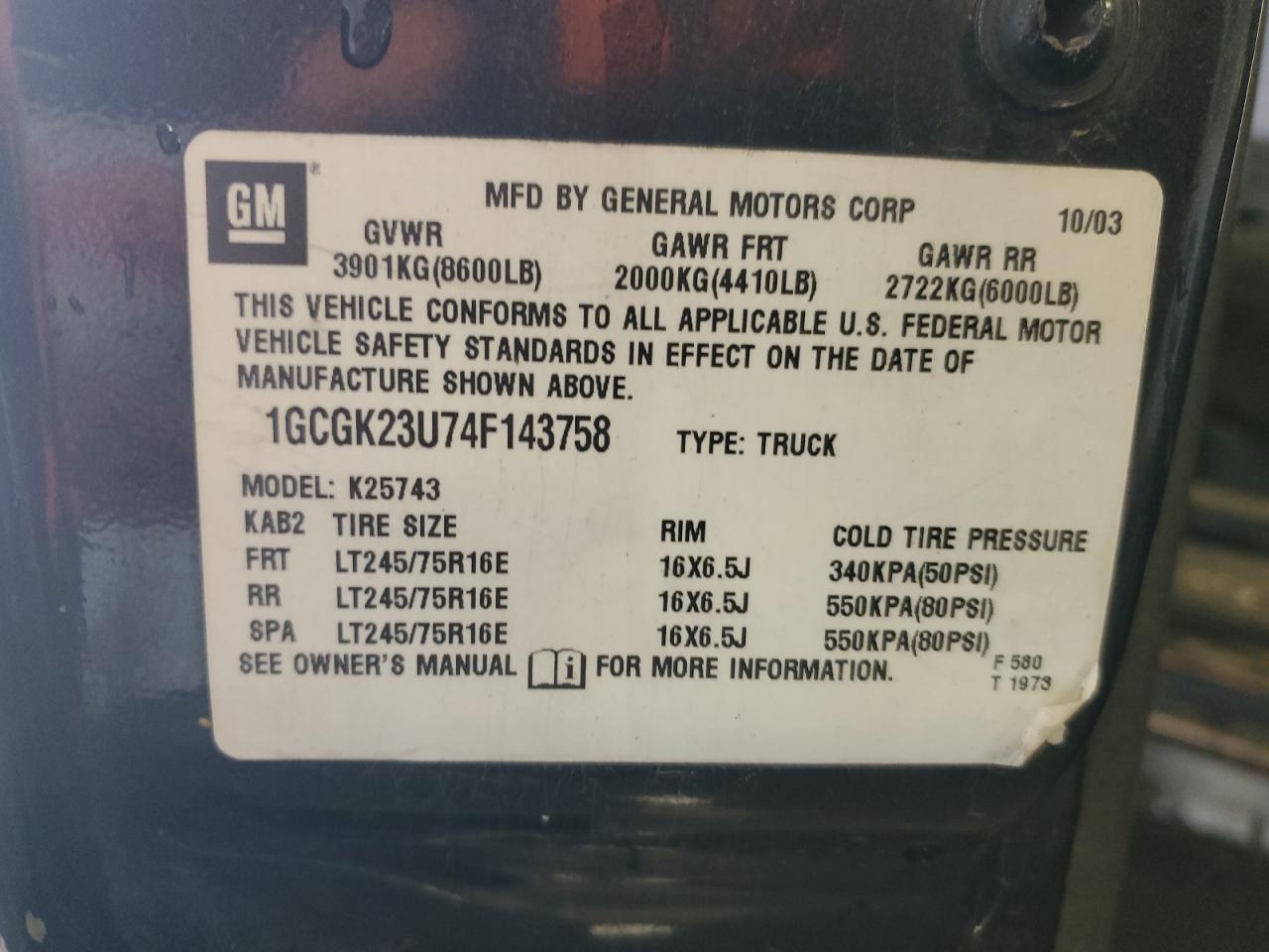 2004 Chevrolet Silverado VIN 1GCGK23U74F143758 Copart auction photo, front end damage thumbnail 13