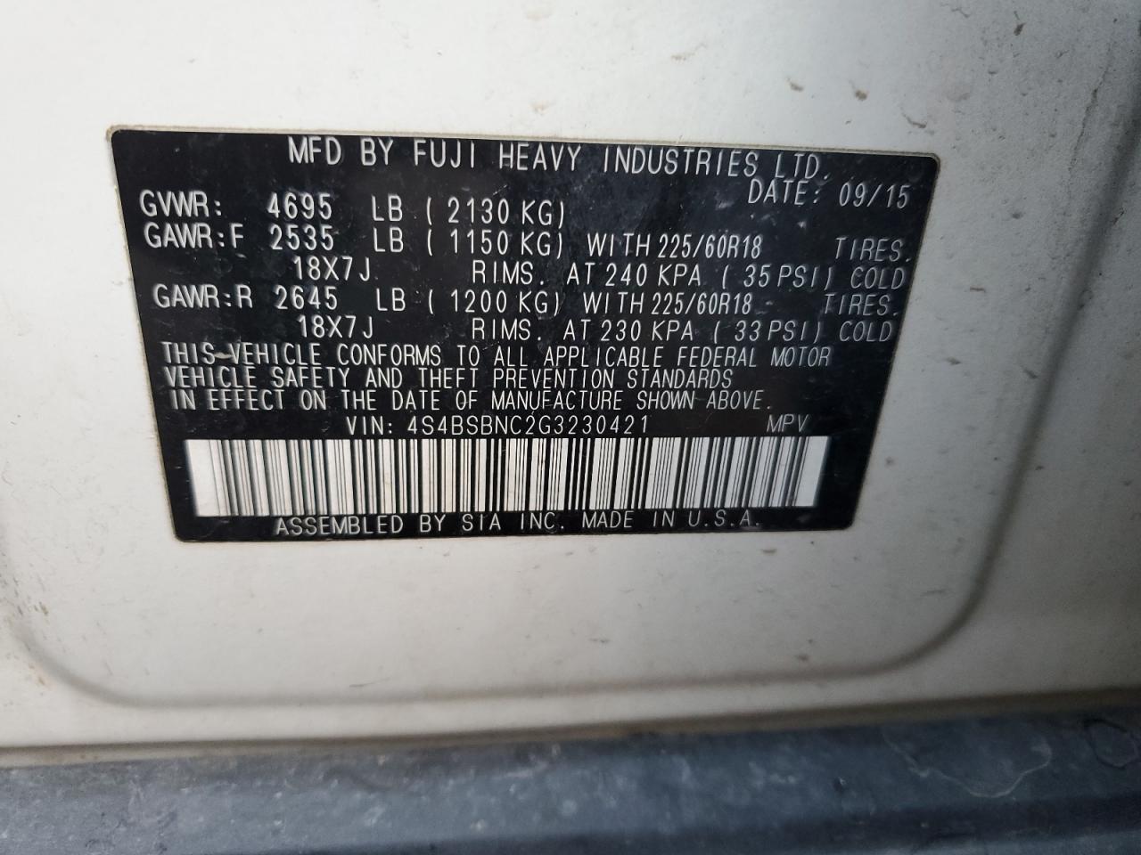 2016 Subaru Outback VIN 4S4BSBNC2G3230421 Copart auction photo, front end / side damage thumbnail 16