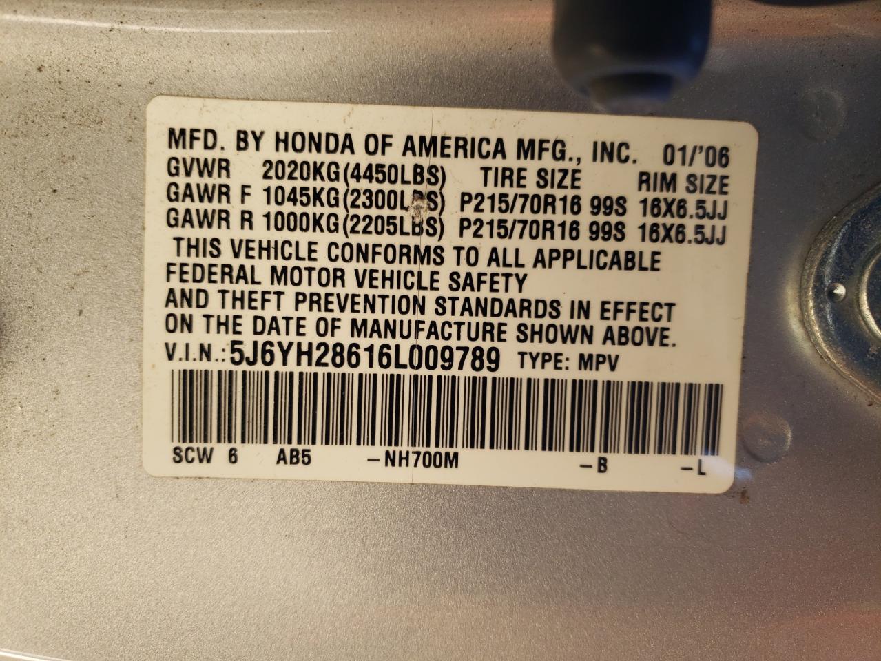 2006 Honda Element VIN 5J6YH28616L009789 Copart auction photo, front end / side damage thumbnail 15