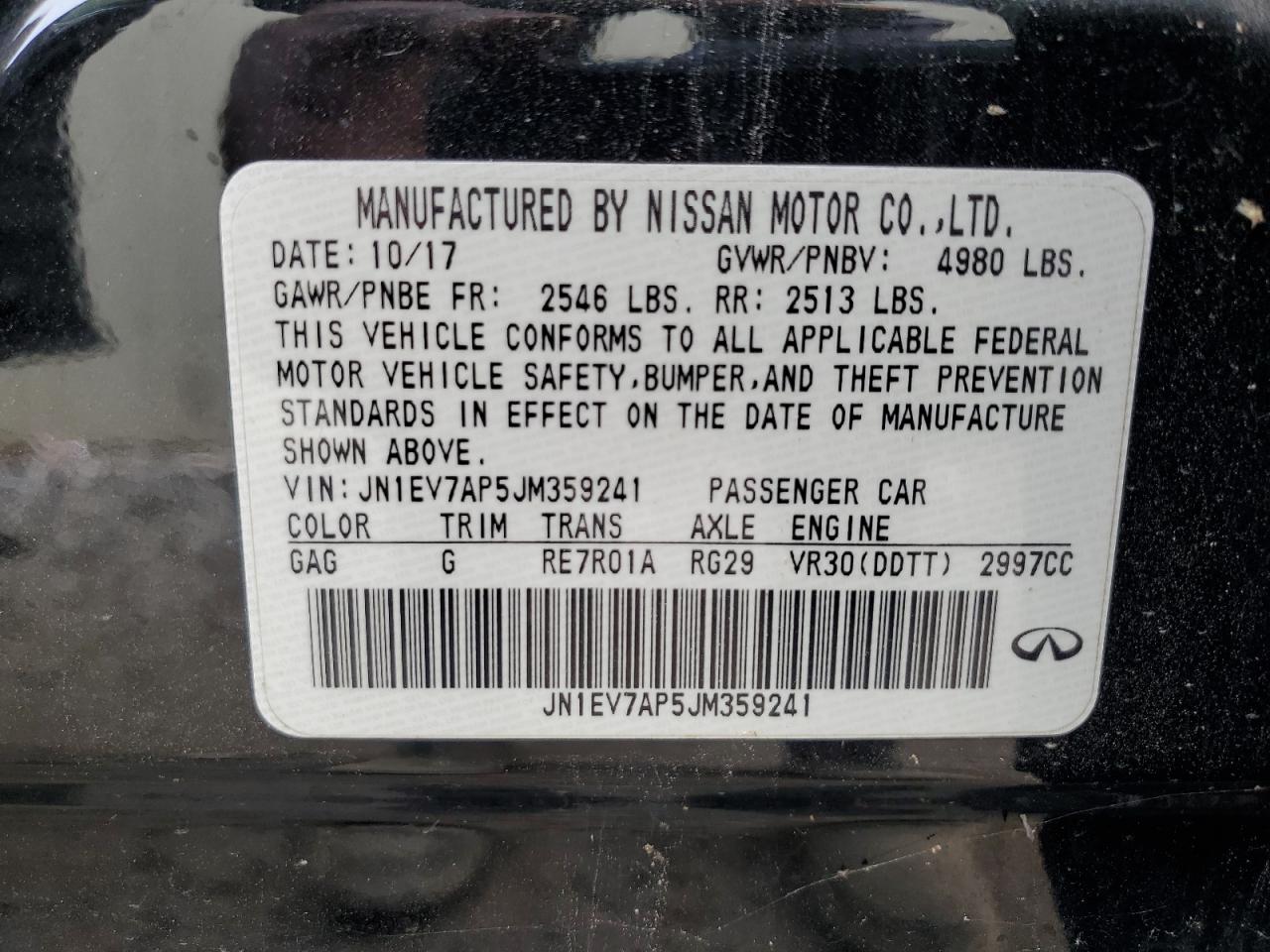 2018 Infiniti Q50 VIN JN1EV7AP5JM359241 Copart auction photo, mechanical / front end damage thumbnail 12
