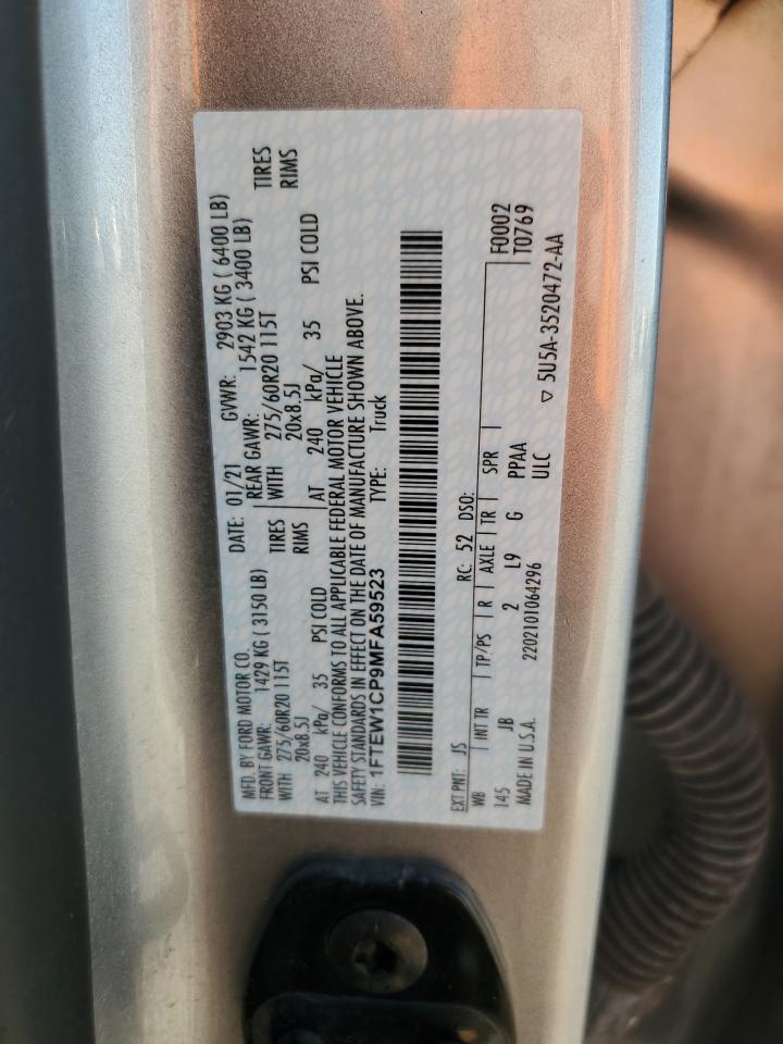 2021 Ford F-150 VIN 1FTEW1CP9MFA59523 Copart auction photo, front end damage thumbnail 14