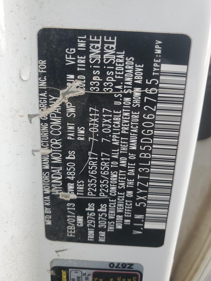 2013 Hyundai Santa Fe VIN 5XYZT3LB5DG062765 Copart auction photo, front end damage thumbnail 15